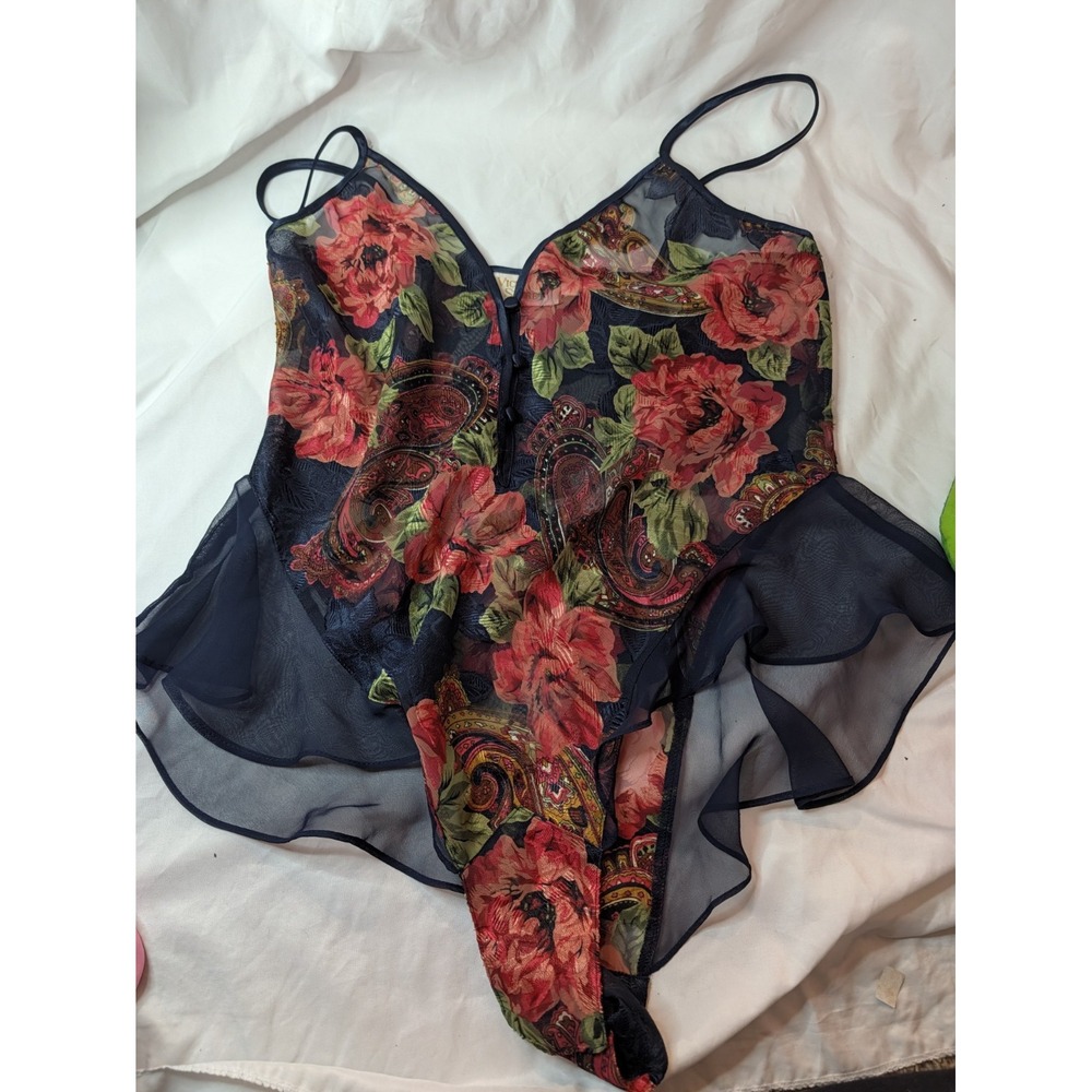 Vintage VICTORIA’S SECRET Satin Teddy Bodysuit Floral Navy Gold Label Size Small
